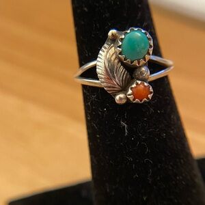 Beautiful native American turquoise and coral 925 Sterling silver dainty ring